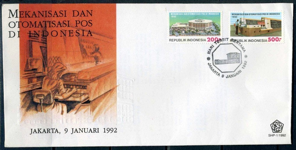 INDONESIE: ZB 1480/1481 FDC 1992 Automatisering Posterijen, Verzenden, Gestempeld, Zuid-Azië