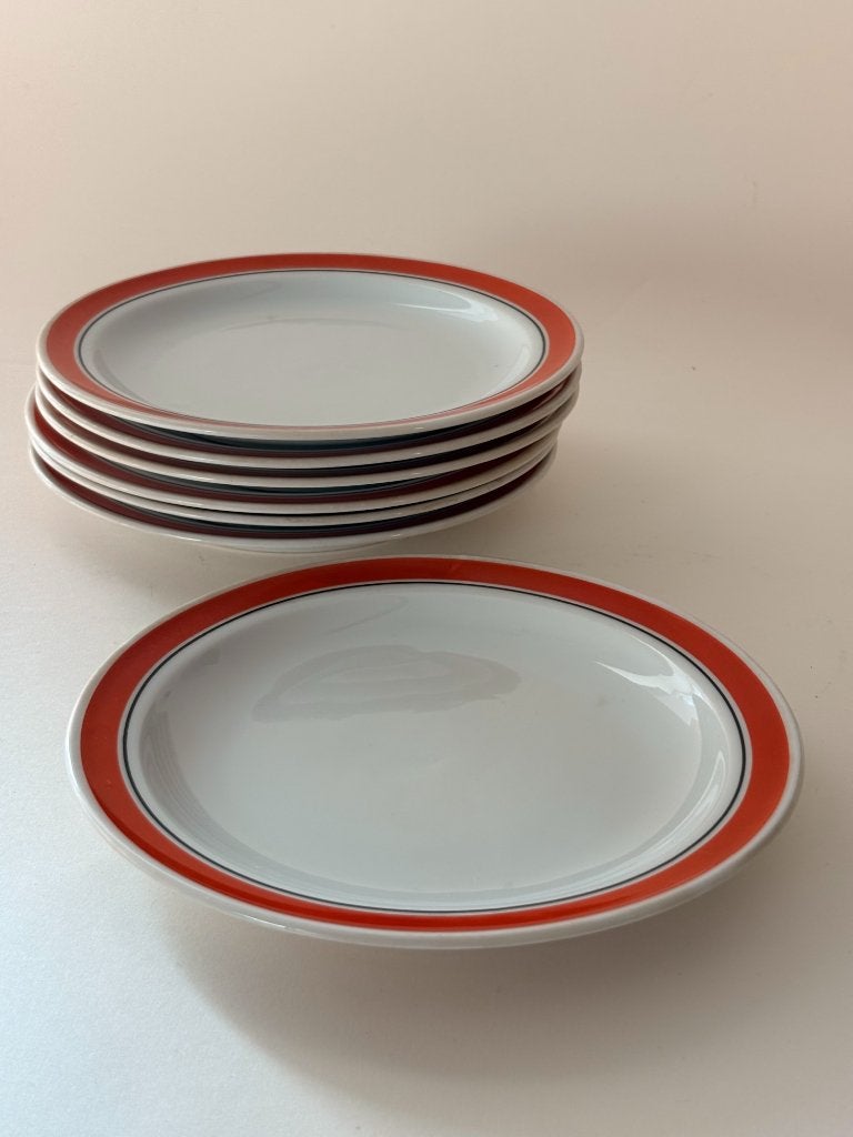 Zeven dessertborden met oranje randen, Gebruikt, Overige merken, Vintage, Ophalen of Verzenden