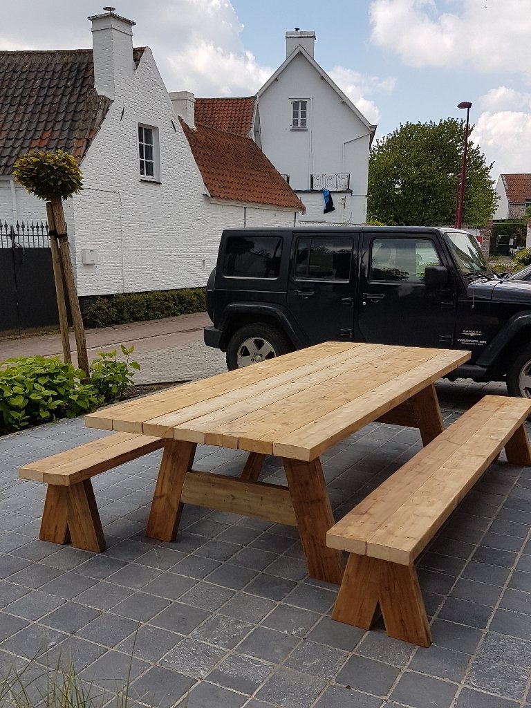 Tuintafel picknicktafel balken sloophout op maat, Tuin en Terras, Ophalen, Nieuw, Rechthoekig, Hout