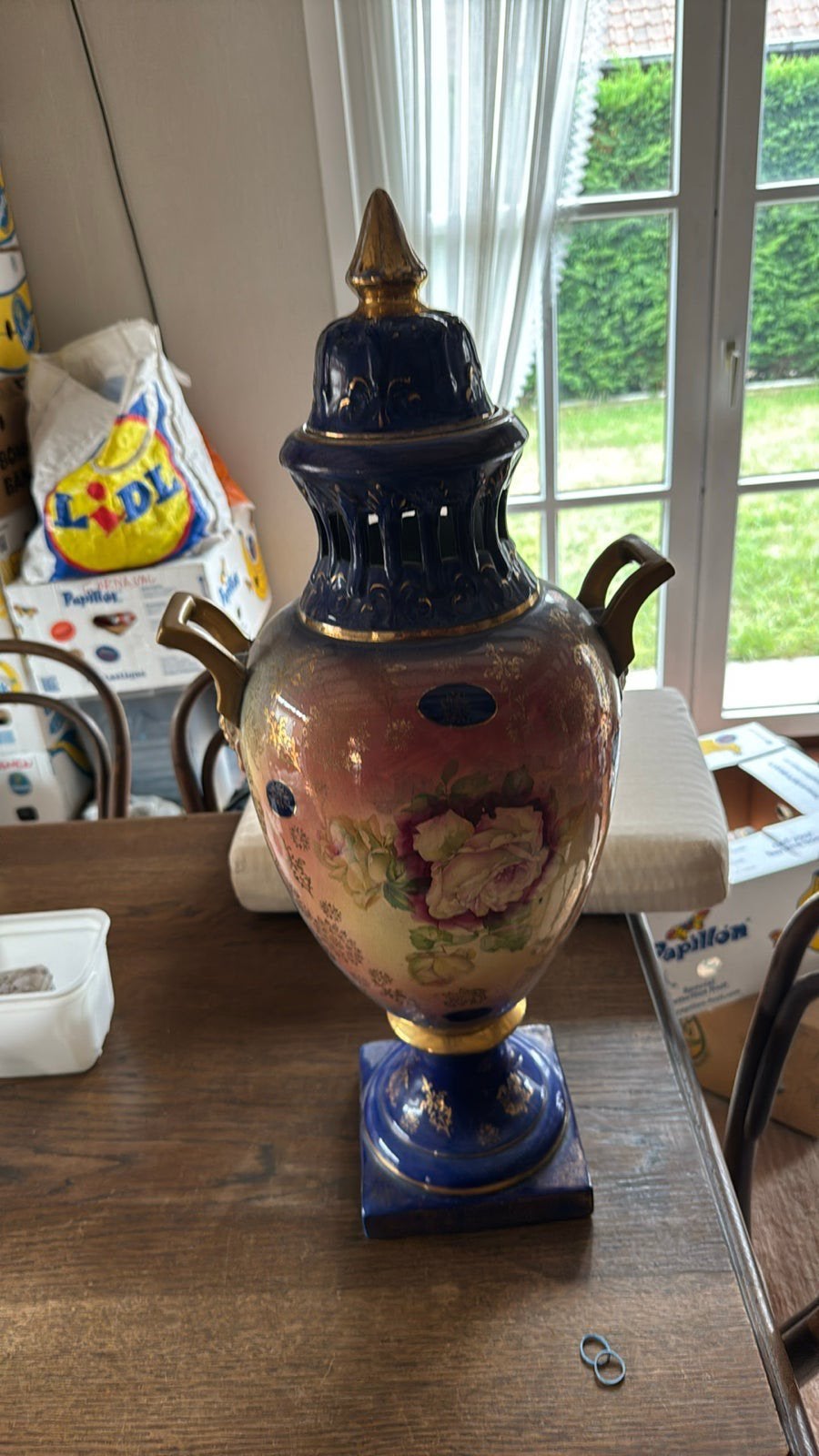 Vase décoratif antique en bleu cobalt avec imprimé doré, Ophalen of Verzenden