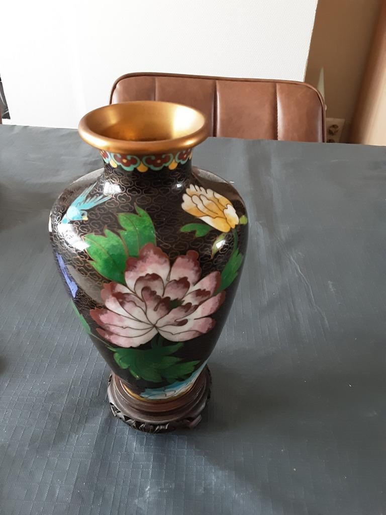 Zwarte vintage cloisonne vaas, Antiek en Kunst, Ophalen