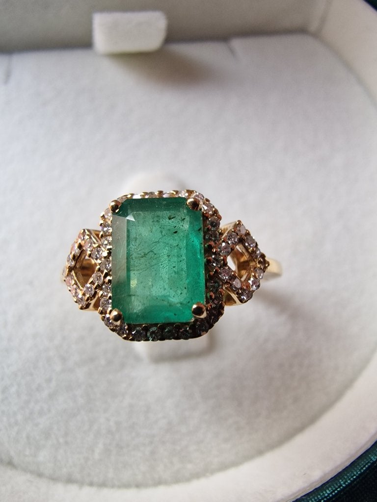 14k geelgouden ring met smaragd en natuurlijke diamanten, Neuf, Or, 17 à 18, Jaune