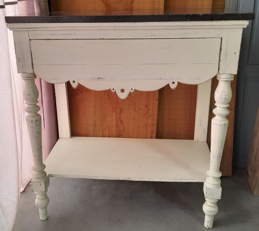 Jolie console ancienne, tiroir festonné, plateau en marbre, Enlèvement