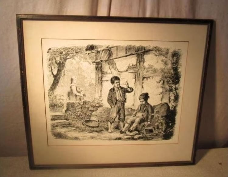 Belle gravure ancienne « Lummelen après l'école » - 54x46, Antiquités & Art, Enlèvement ou Envoi, Vie quotidienne, Gravure, Encadré