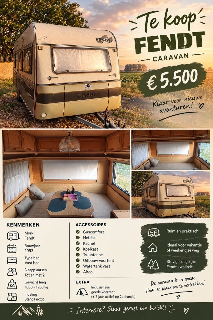 Trekcaravan, Vast bed, Standaardzit, Tot en met 2, Particulier