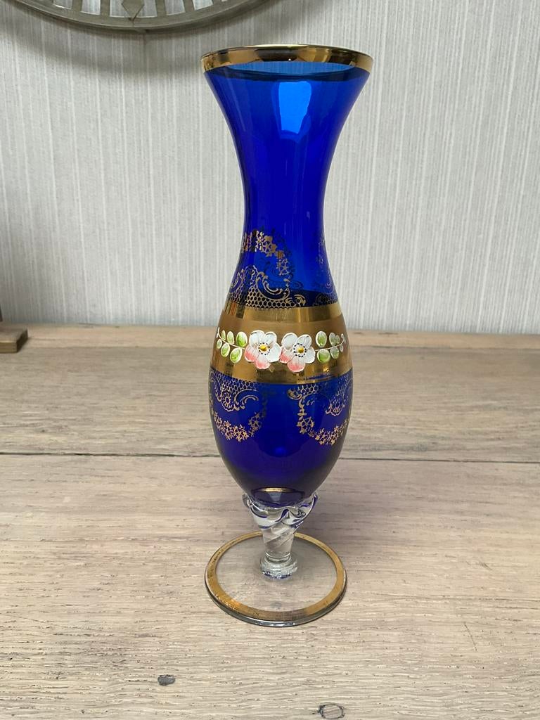 Boheemse Vaas Kobaltblauw met 24k Goud & Emaille Bloemen, Ophalen