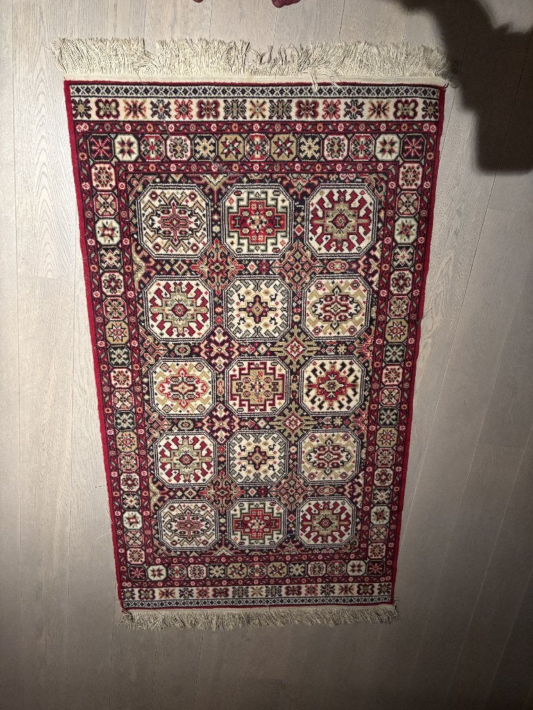 Tapijt met geometrisch patroon en franjes 173 op 91 cm, Huis en Inrichting, Gebruikt, Blauw, 150 tot 200 cm, Rechthoekig