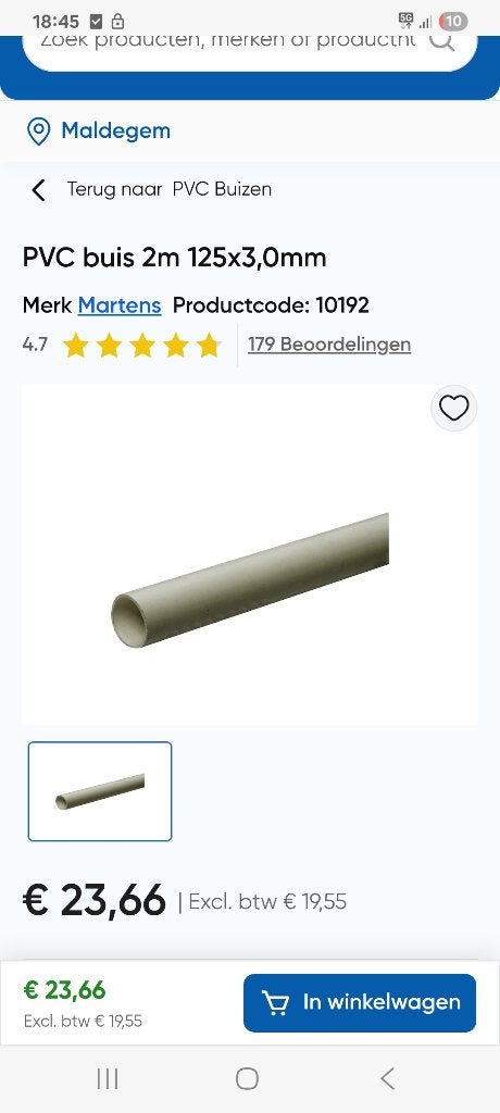 Pvc afvoerbuis 125mm Benor, Ophalen, 2 tot 4 meter, PVC, Zo goed als nieuw