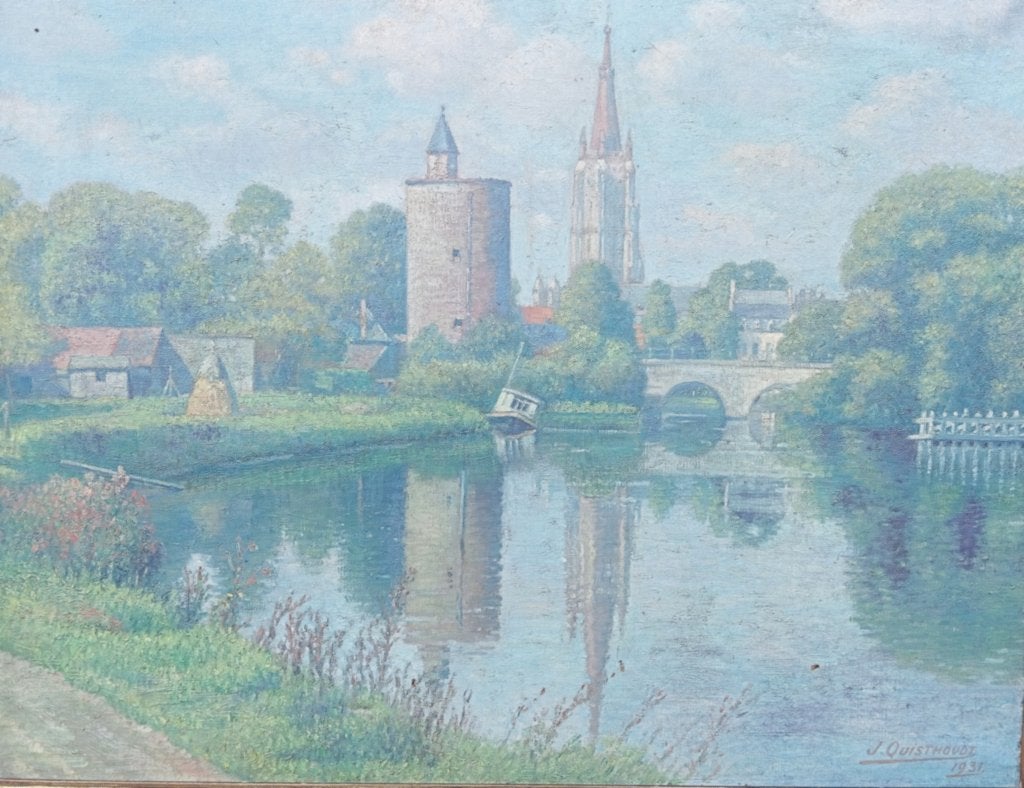 TABLEAU CHEF-D'ŒUVRE JOSEPH QUISTHOUDT BRUGES 1931, Enlèvement ou Envoi, Peinture à l'huile, Paysage urbain / rural, Toile