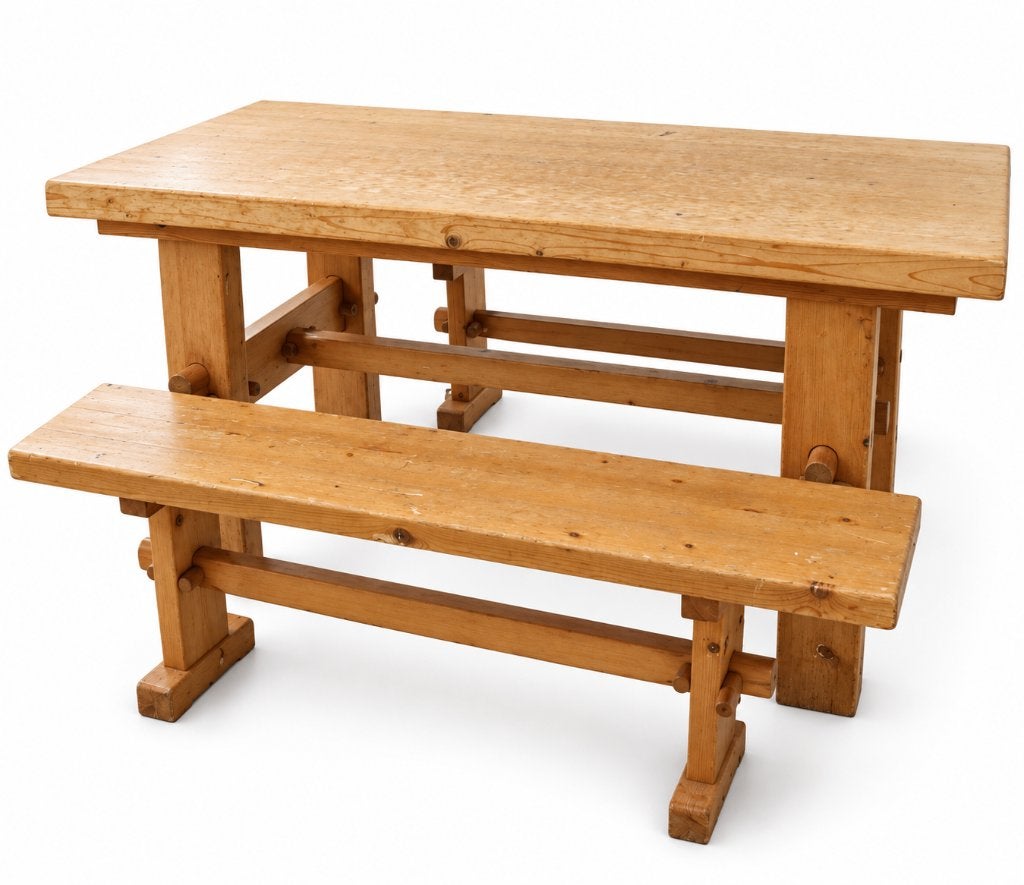 Vintage 60' eettafelset - Tafel Charlotte Perriand stijl, Huis en Inrichting, Ophalen, Gebruikt, Vier personen, Grenenhout