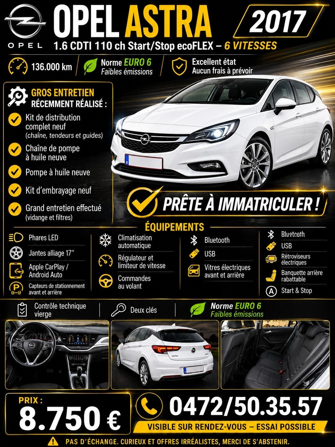 Opel Astra 1.6 D.C.T.I  2017 110cv 6 vitesses, Auto's, Particulier, Astra, Te koop, Bluetooth