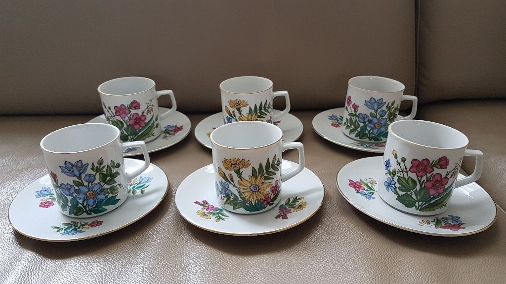 6 prachtige tassen en ondertassen Bavaria Winterling, Ophalen, Nieuw, Porselein, Compleet servies