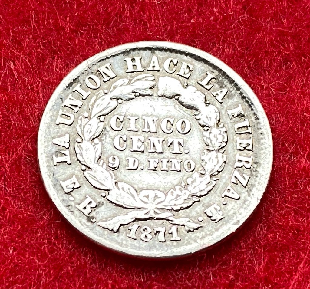 Zeldzame zilveren munt van 5 Centavos uit 1871, Ophalen of Verzenden, Zilver