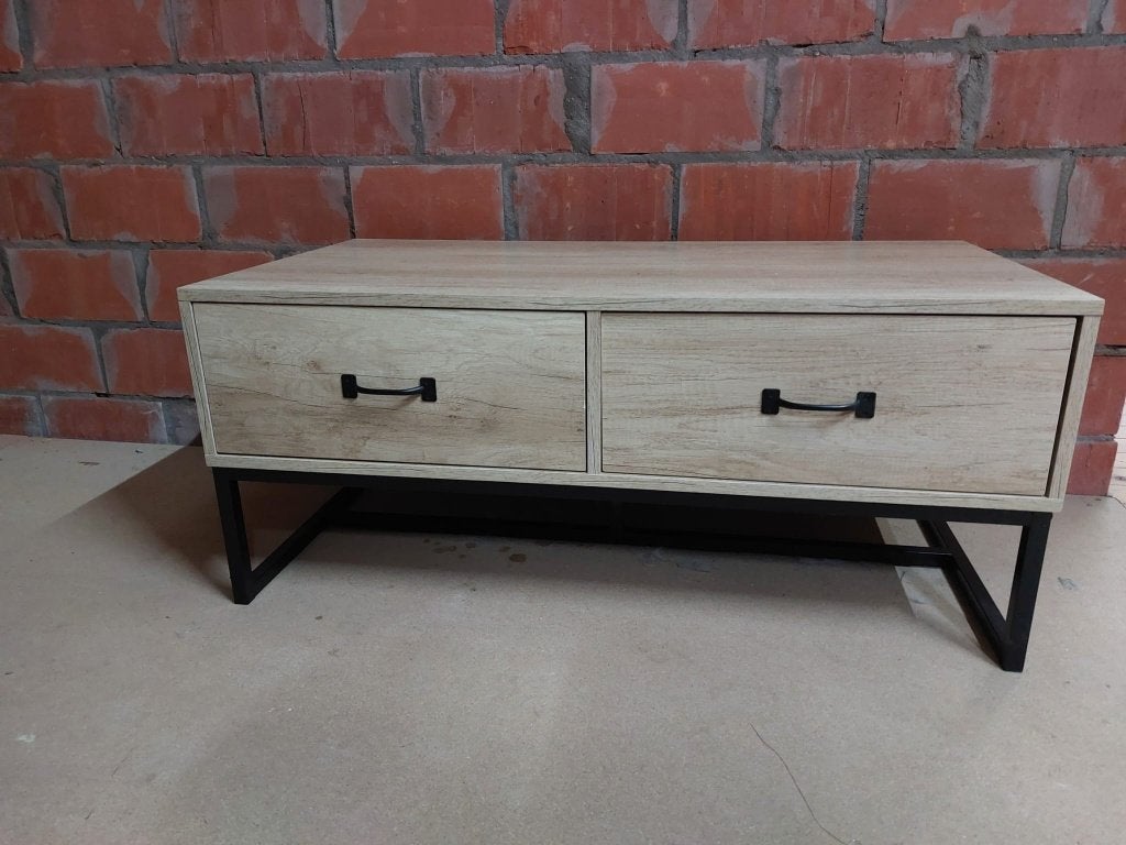 Salontafel met 2 lades – Eikenlook & metalen onderstel, Huis en Inrichting, Ophalen, Zo goed als nieuw