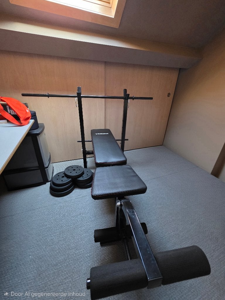 Banc de musculation en parfaite état avec barre et poids, Sport en Fitness, Fitnessmaterialen, Ophalen, Zo goed als nieuw, Benen