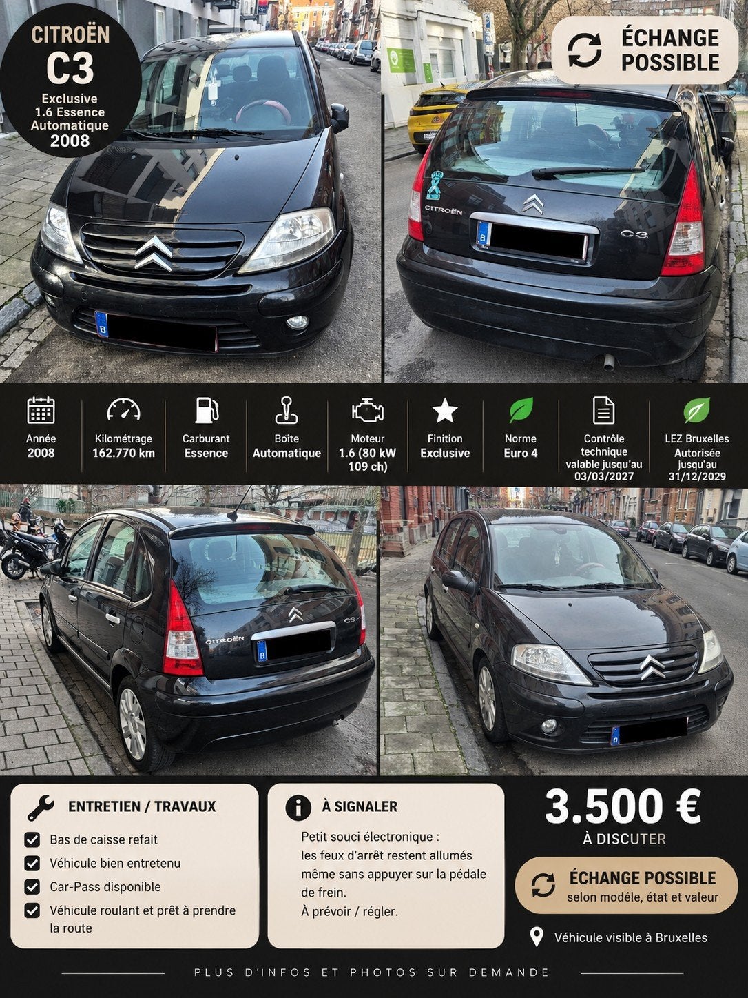 À VENDRE / ÉCHANGE POSSIBLE – CITROËN C3 EXCLUSIVE 1.6 ES, Autos, Achat, 5 portes, Automatique, Particulier