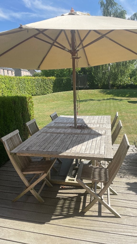 Table + 6 chaises en teck, Ophalen, Gebruikt, Rechthoekig, Hout