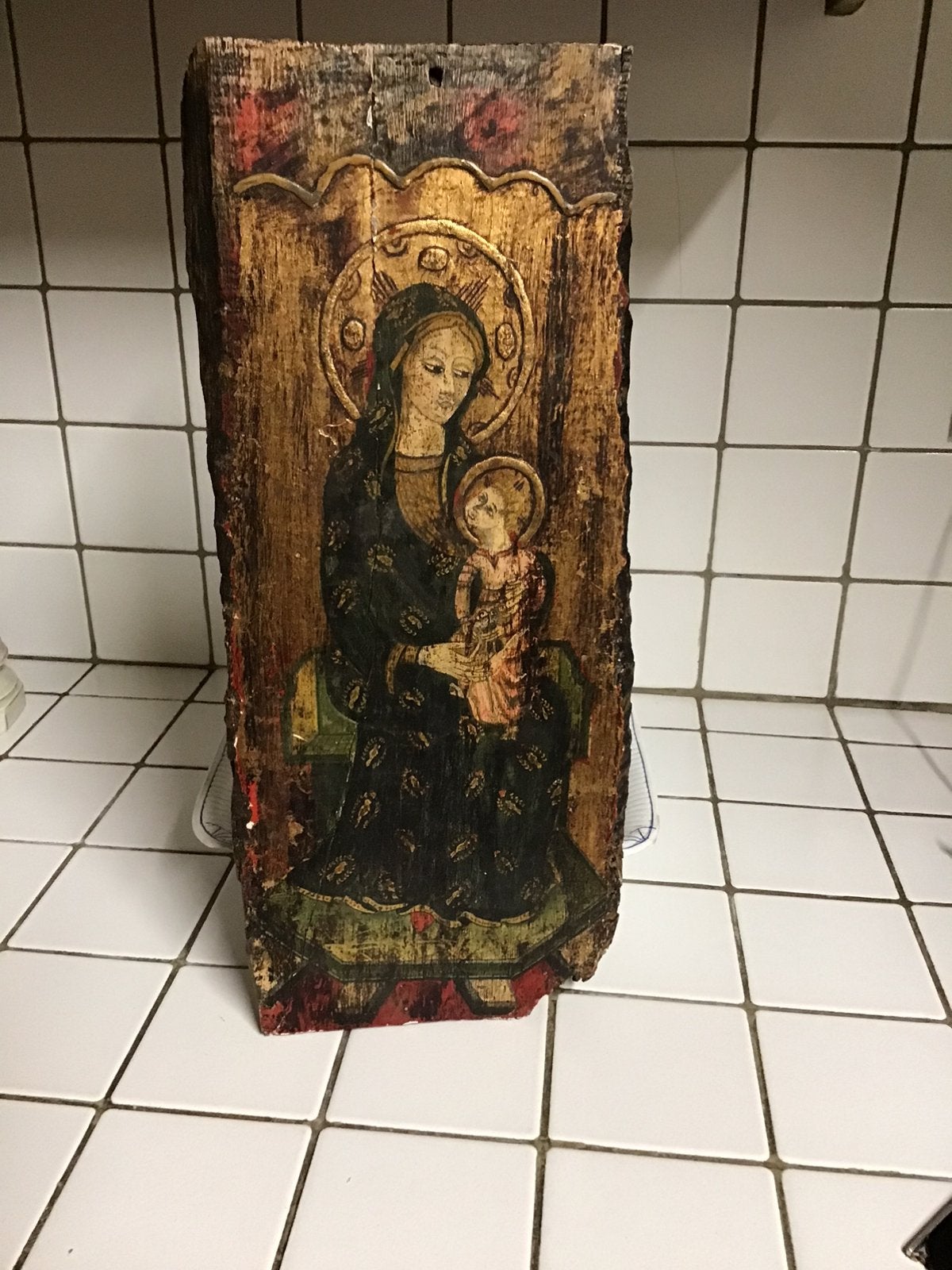 Peinture religieuse ancienne Vierge Marie Jésus sur bois, Antiquités & Art, Enlèvement ou Envoi