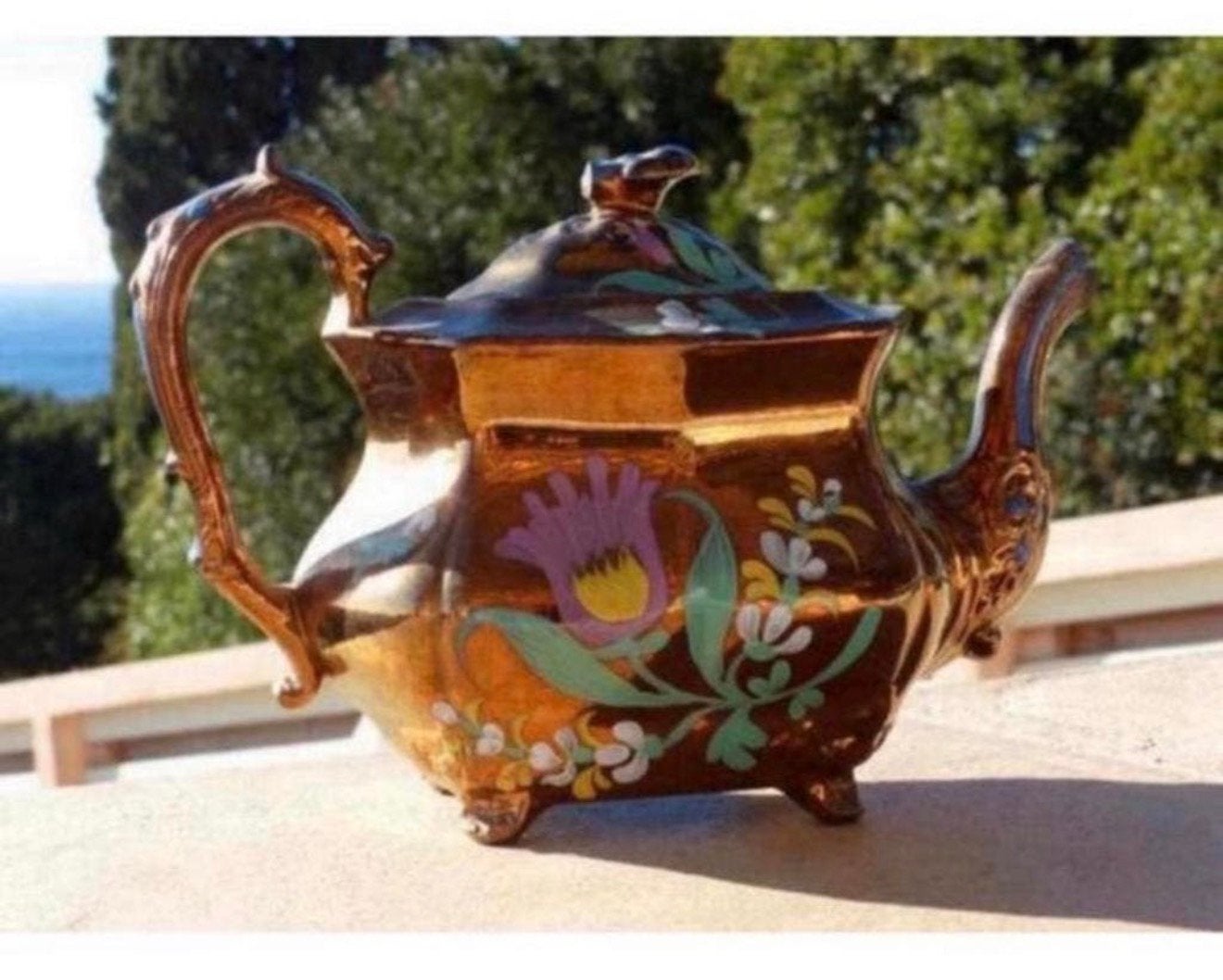 Antiek handgeschilderde Koper - Koperen Floral theepot 1830, Antiek en Kunst, Ophalen of Verzenden