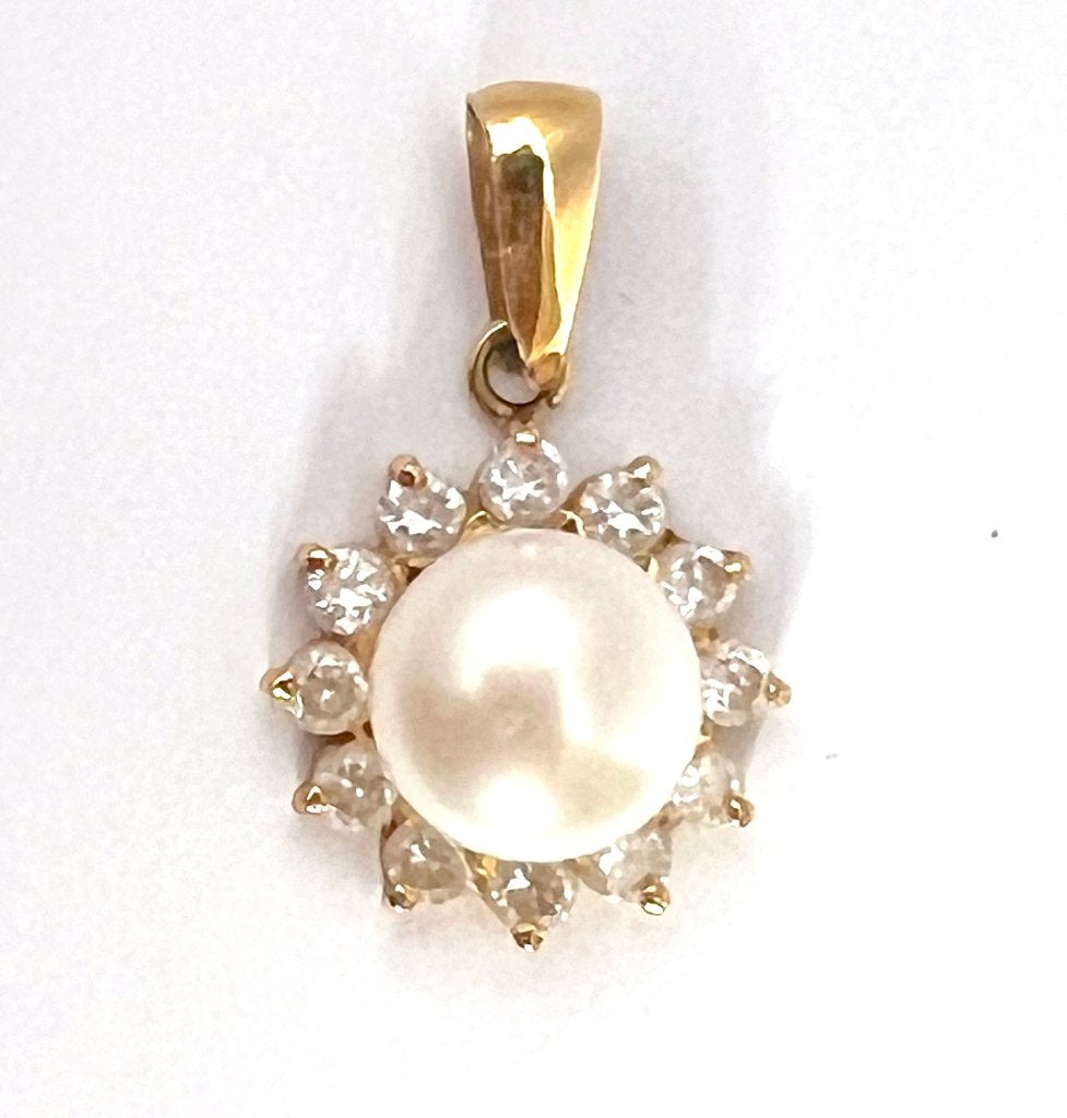 Pendentif à perle et brillants (Or 18K), Enlèvement ou Envoi, Or, Utilisé, Avec perle
