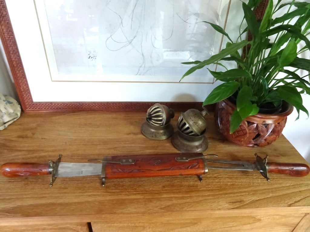India antieke trancheerset in houten foedraal.  Handversierd, Antiek en Kunst, Hout, Ophalen of Verzenden, Gemerkt, Bruin