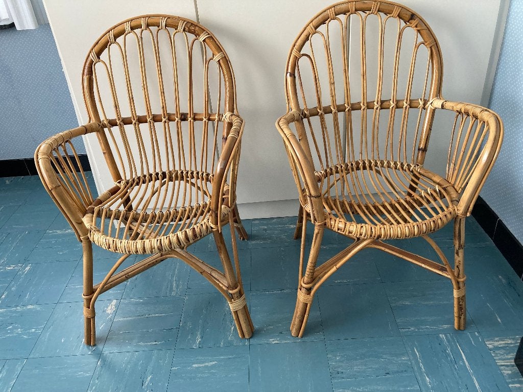set van twee vintage rotan zeteltjes, Huis en Inrichting, Ophalen, Twee, Bruin, Riet of Rotan