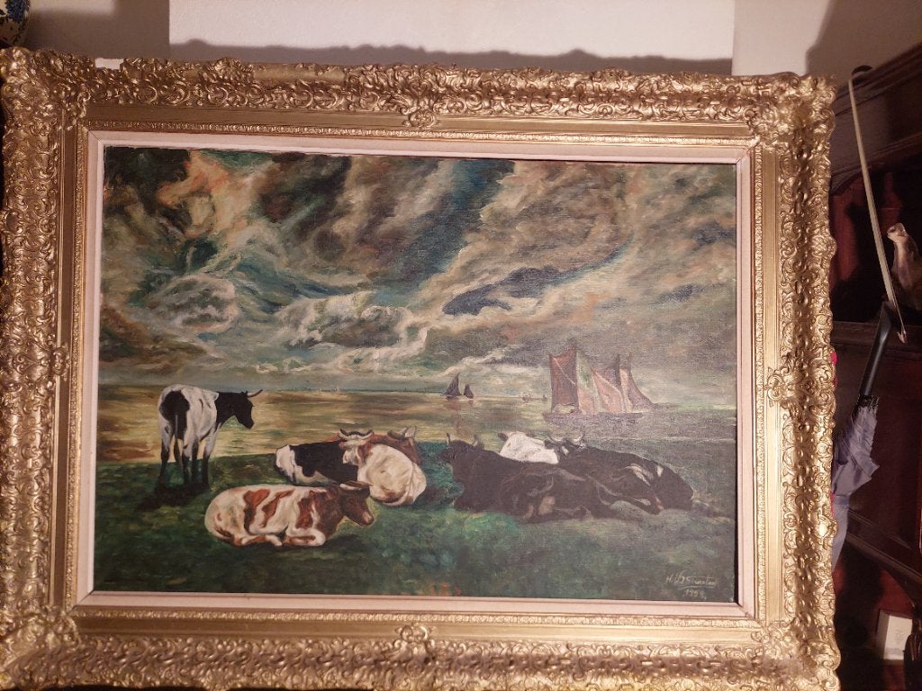 Peinture « Vaches au bord de la mer », Antiquités & Art, Peinture à l'huile, Daté, Enlèvement, Autres styles