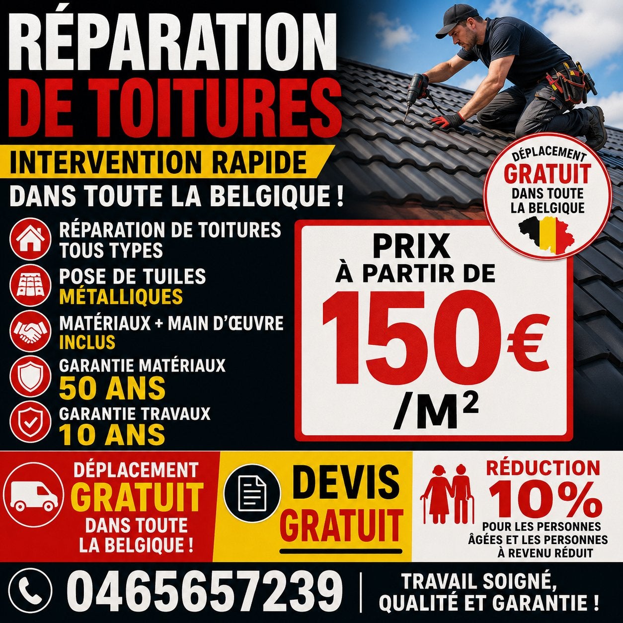Nous rénovons les toitures, installons des goutt: 0465657239, Enlèvement ou Envoi, Comme neuf, Bois, Tuiles