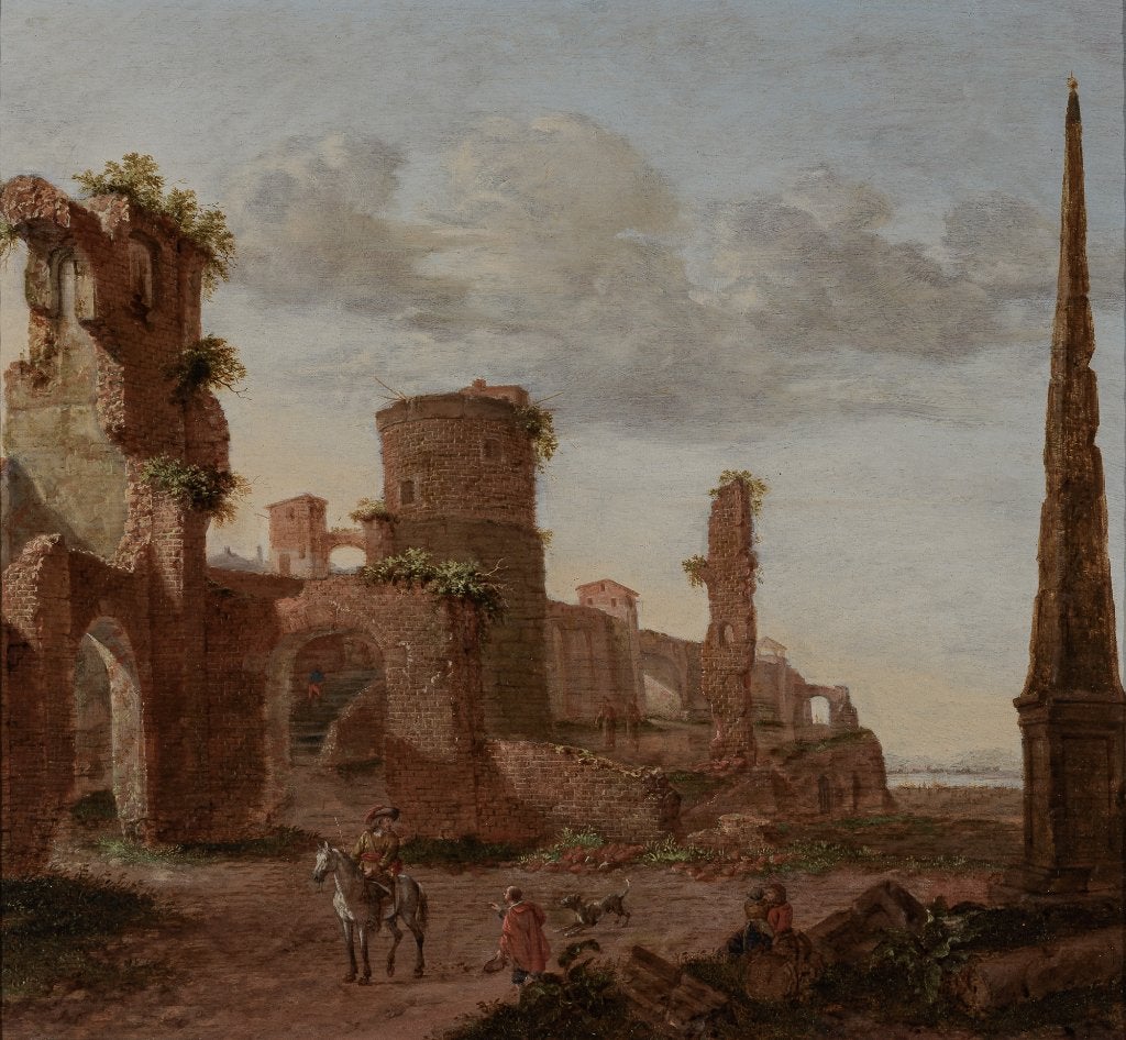 Emanuel Murant - Landschap met een obelisk en enkele figuren, Antiek en Kunst, Paneel, Verzenden, Origineel werk, Landschap