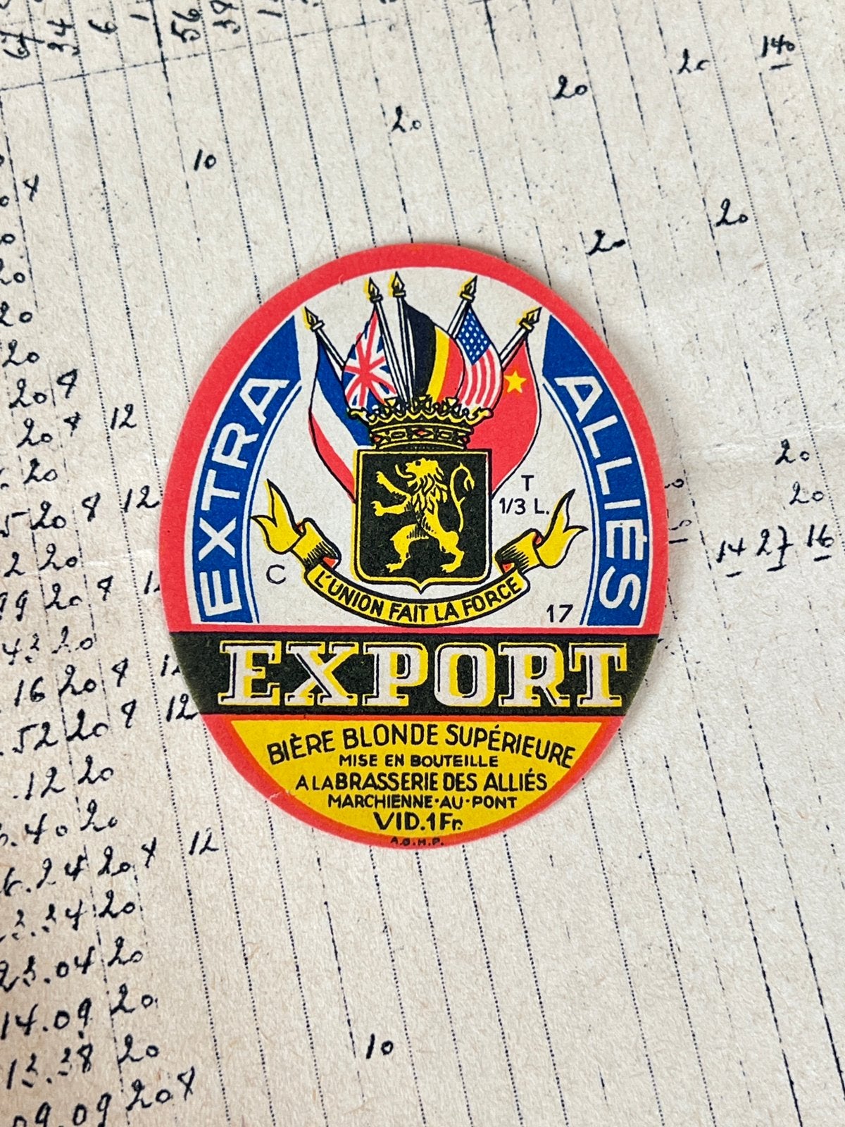 Étiquette Export brasserie des Alliés Marchienne, Collections, Enlèvement ou Envoi, Utilisé