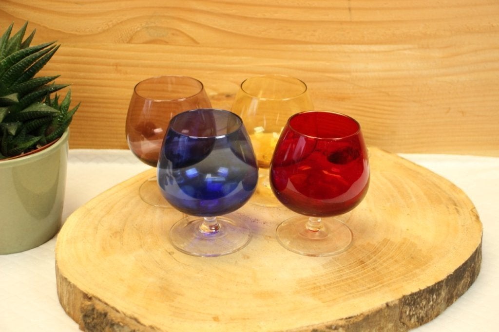 Vintage 4 gekleurde cognac glazen, Ophalen of Verzenden, Gebruikt, Borrel- of Shotglas