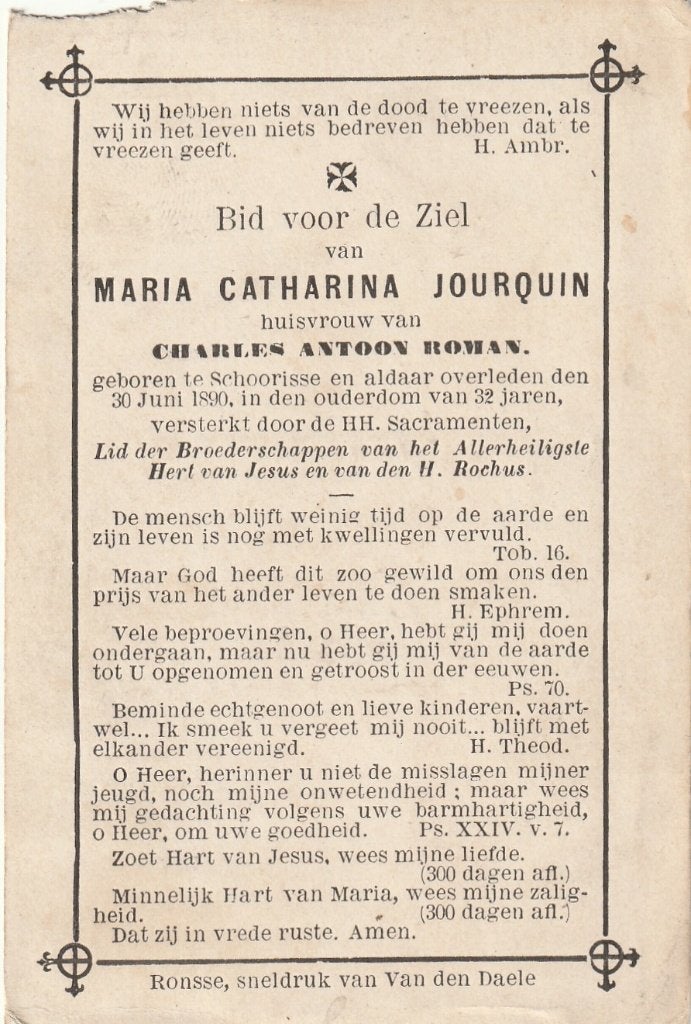 + 4 / B PJOURQUIN MARIA SCHORISSE 1890 32 JAAR, Ophalen of Verzenden, Bidprentje
