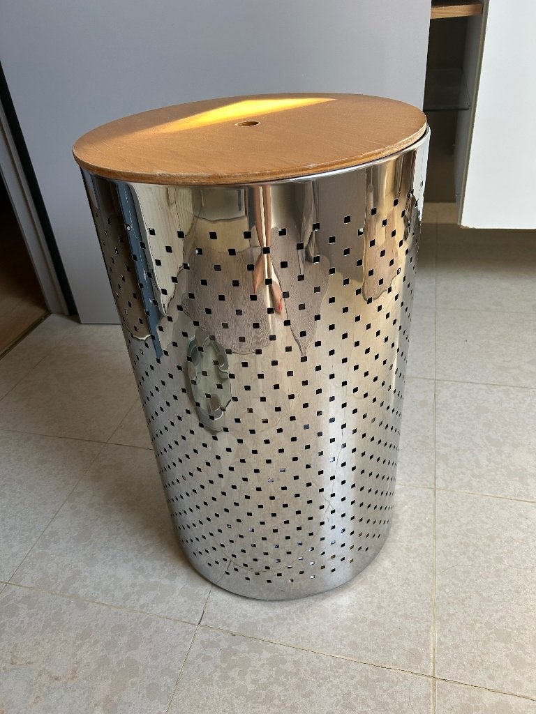 Linnenmand in chroom met houten deksel, Ophalen, Gebruikt, Overige merken, Wasmand