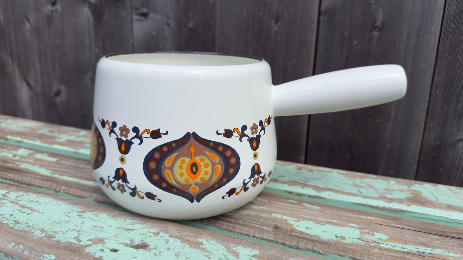 Vintage geëmailleerd fonduepannetje /caquelon–retro jaren 70, Ophalen