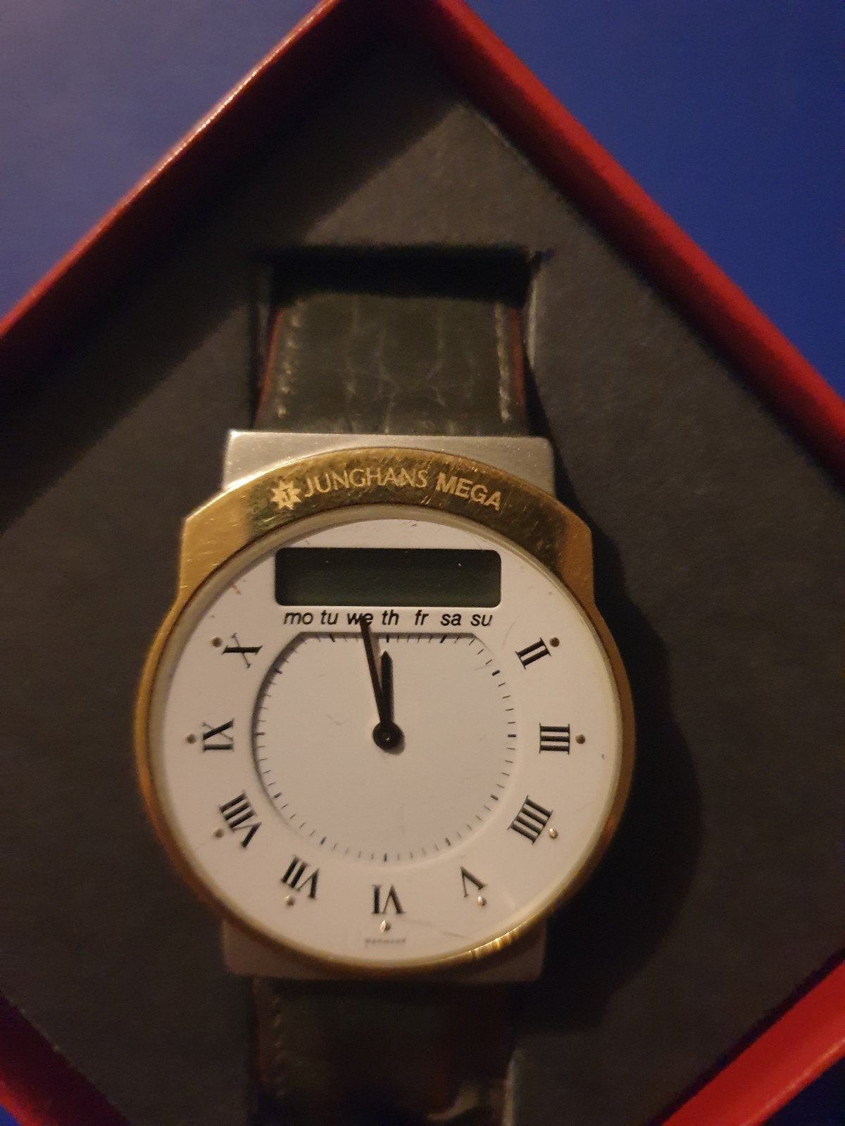 prachtige vintage mannen horloge junghans digital analoog, Overige merken, Leer, Staal, Polshorloge