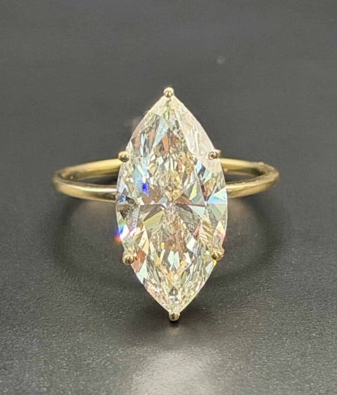 14K gouden ring met grote 5.00ct marquise diamant- 17,5mm, Geel, Nieuw, Ophalen of Verzenden, 17 tot 18