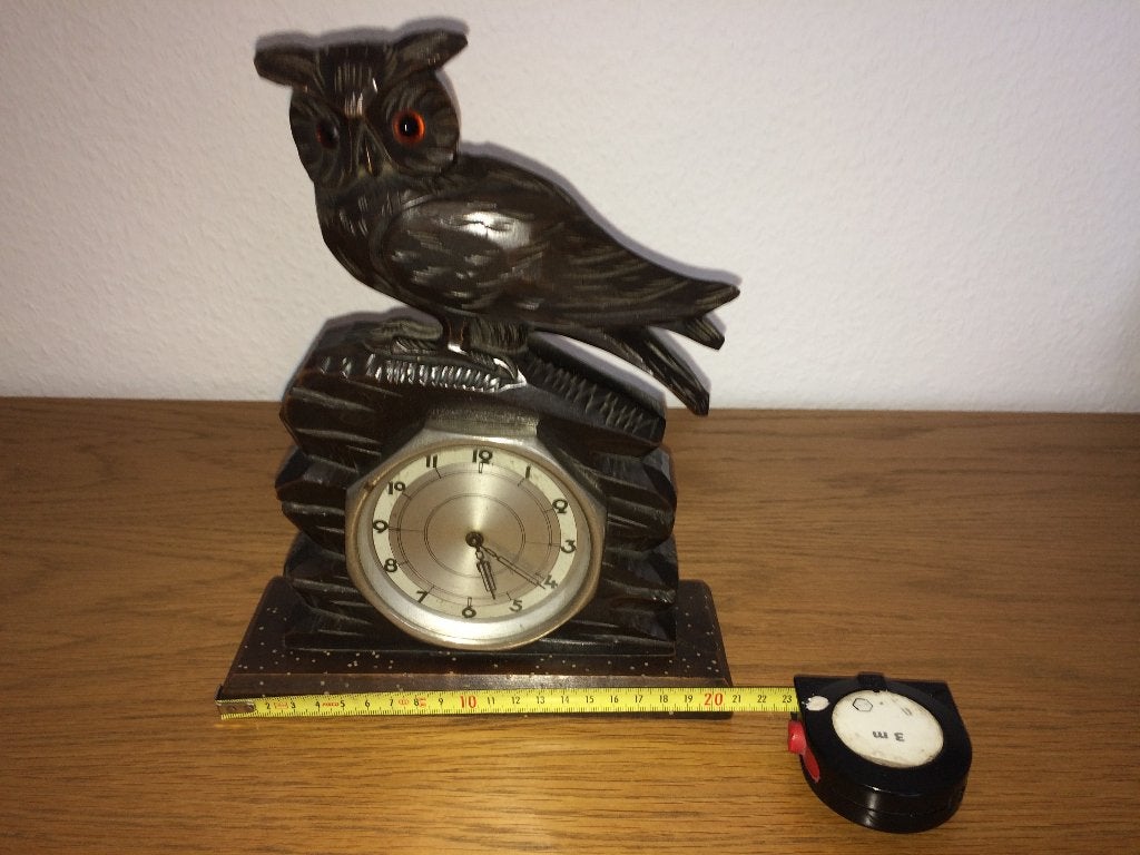Hibou en bois ancien avec montre, Antiquités & Art, Curiosités & Brocante, Enlèvement ou Envoi