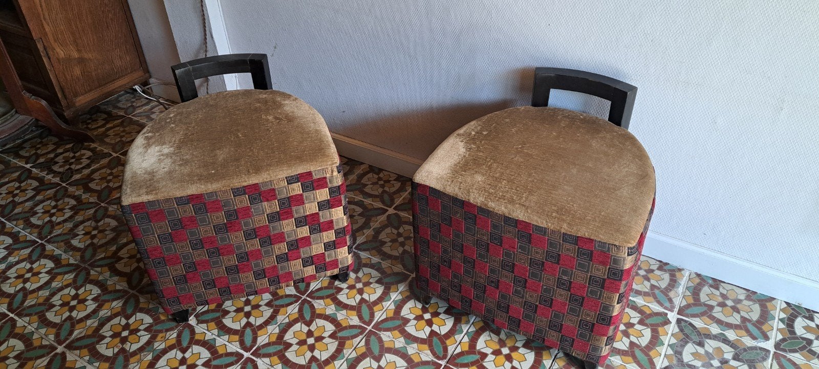 2 zeteltjes poef lage leuning voetbank retro, Ophalen