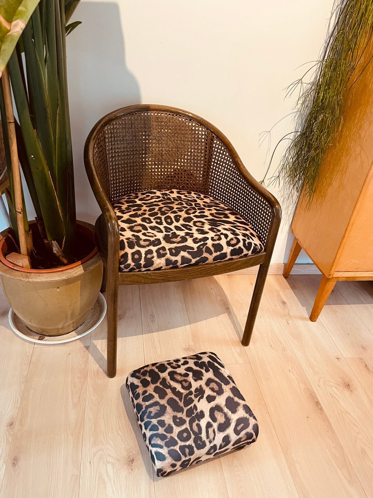 Rotan stoel met leopard zitkussen, Huis en Inrichting, Stoelen, Ophalen, Vier