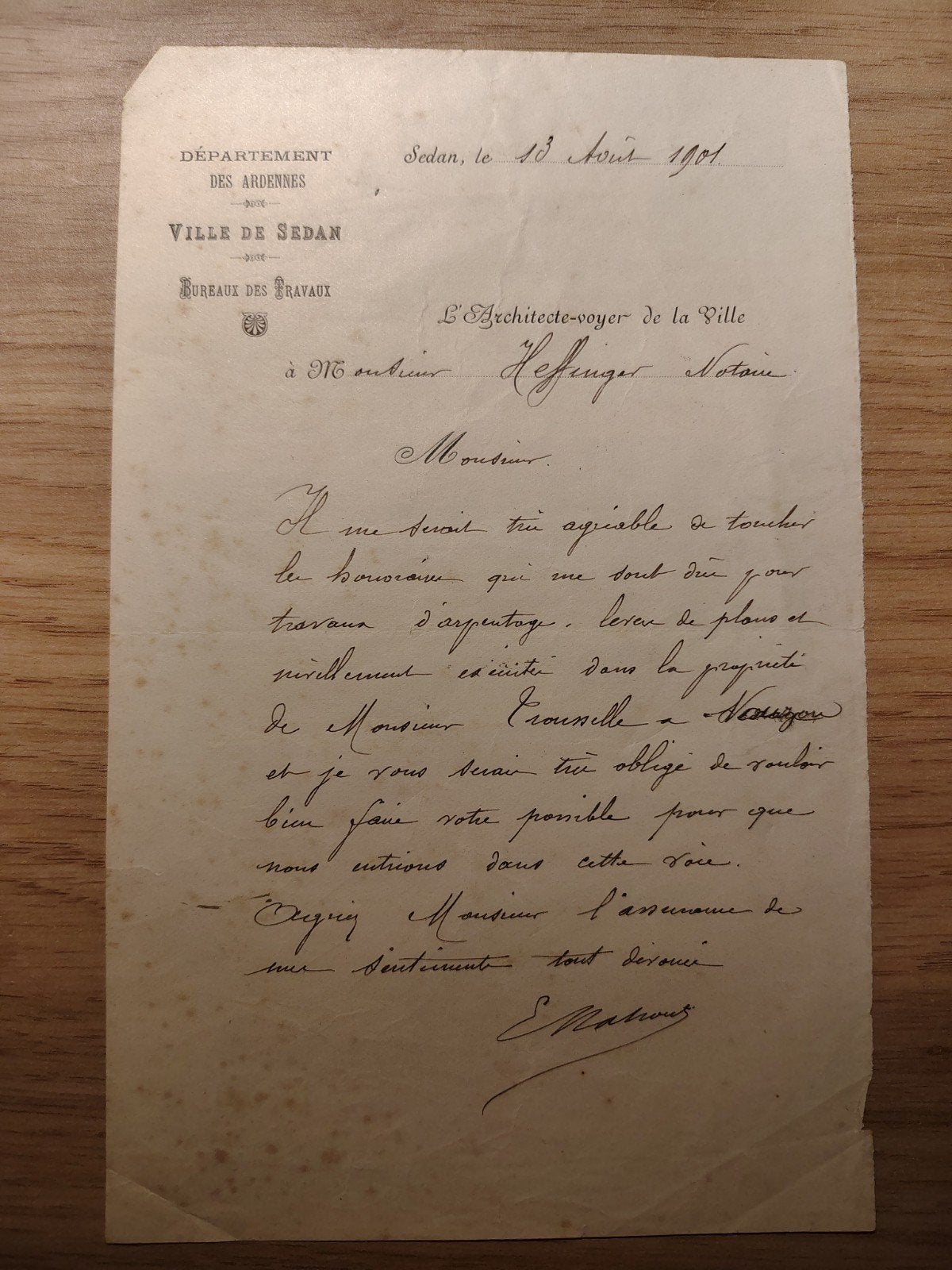 Département des Ardennes Ville de Sedan 1901 lettre architec, Enlèvement ou Envoi