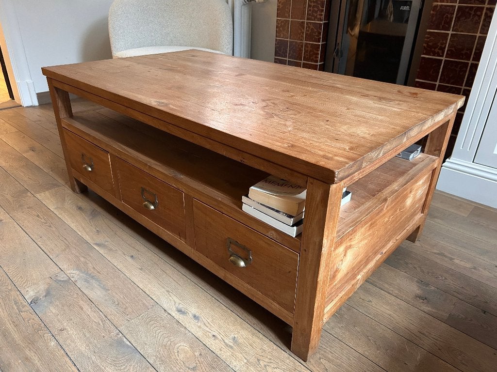 Massief Teakhouten Salontafel met Lades, Huis en Inrichting, Ophalen, Gebruikt, 100 tot 150 cm, Teakhout