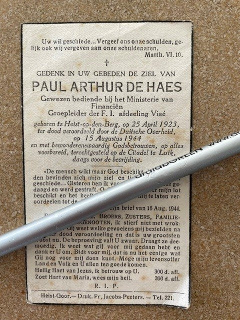 40-45 Groepsleider der F.I. Paul Arthur DE HAES Gefusilleerd, Verzamelen, Ophalen of Verzenden, Bidprentje