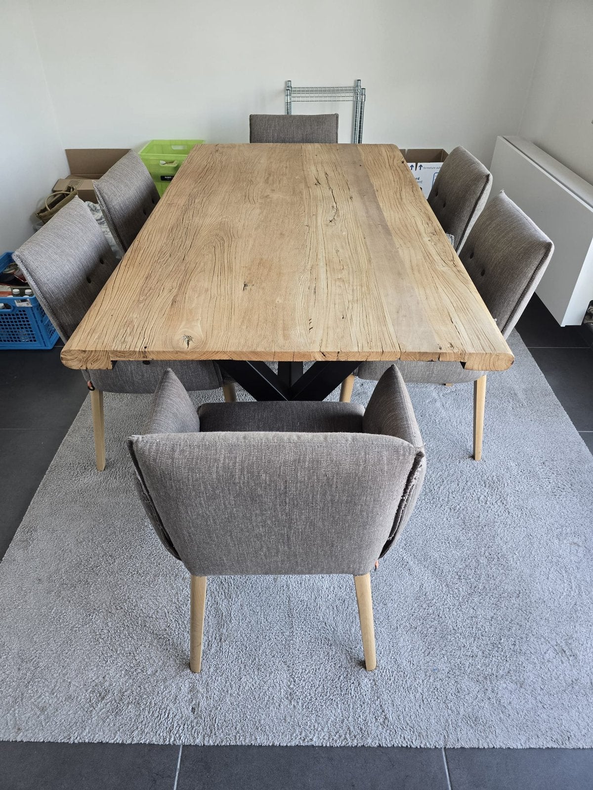 Design tafel met 6 bijhorende stoelen, Ophalen, Gebruikt, Eikenhout, 200 cm of meer