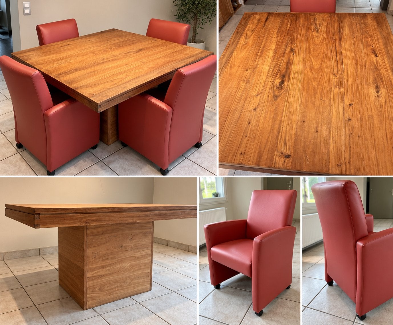 Massieve shesham eettafel 140x140 + 4 kunstleren stoelen, Ophalen, Zo goed als nieuw