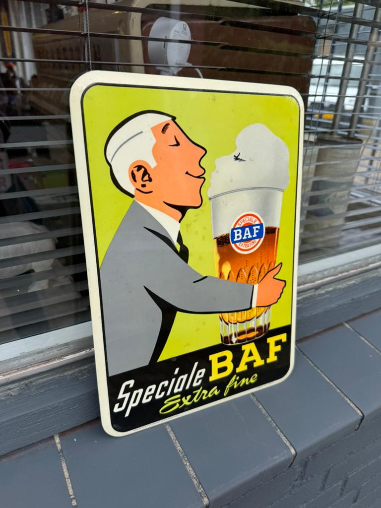 BAF Bier oud reclamebord, Verzamelen, Biermerken, Ophalen of Verzenden, Gebruikt, Reclamebord, Plaat of Schild, Overige merken