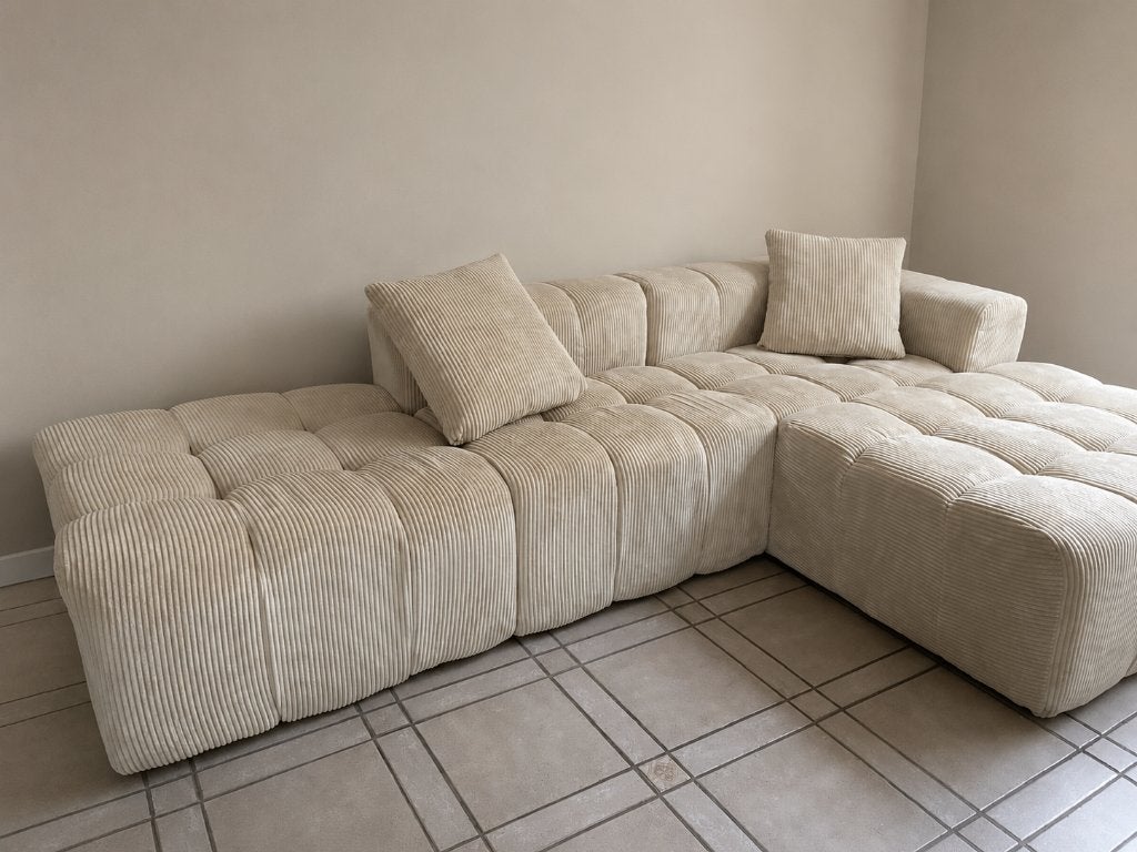 Nieuwe salon beige velours L-vorm, Ophalen, Nieuw, Stof