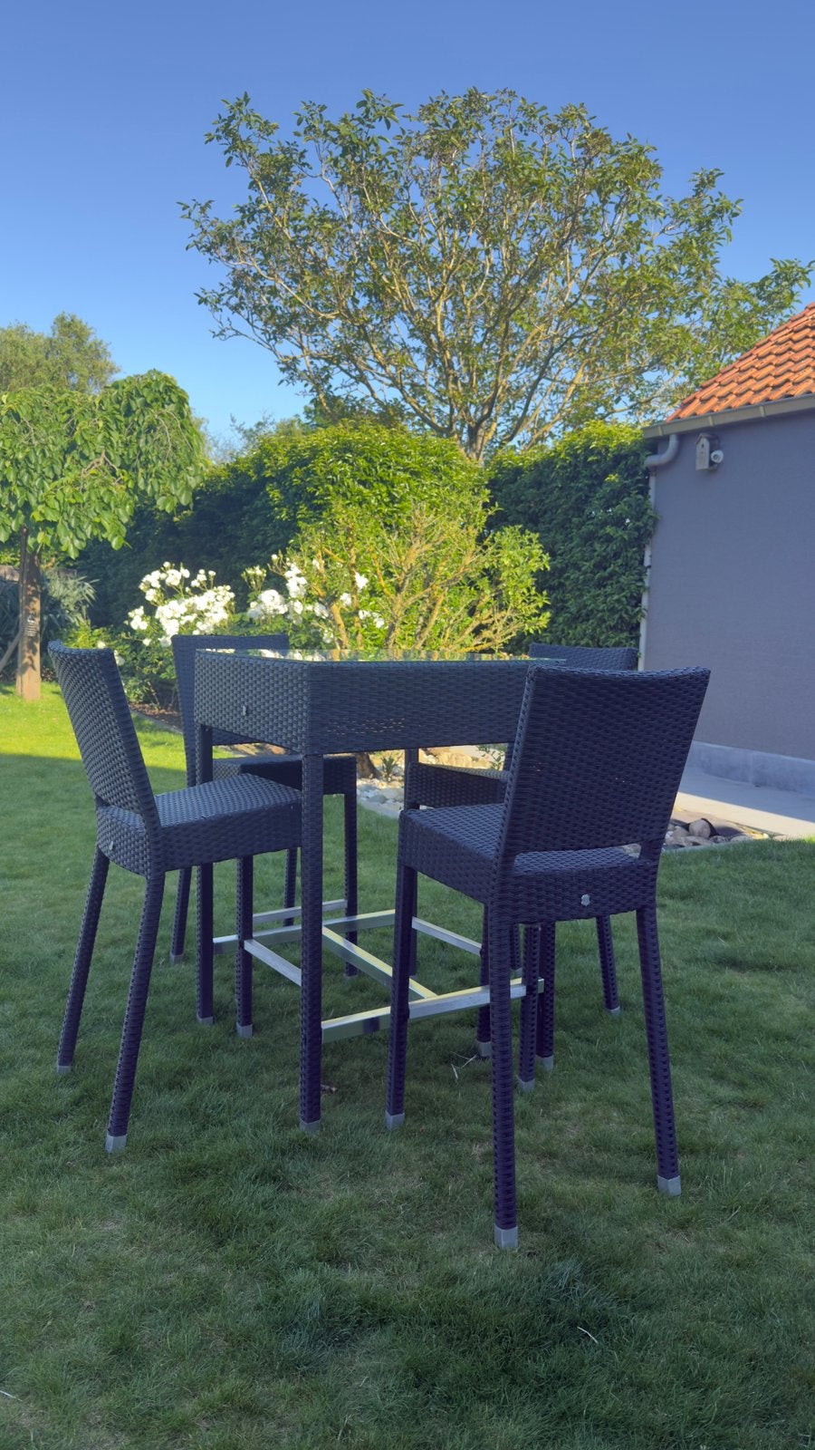 Tuintafel + 4 barkrukken, Ophalen, Zo goed als nieuw, Wicker, Stoel