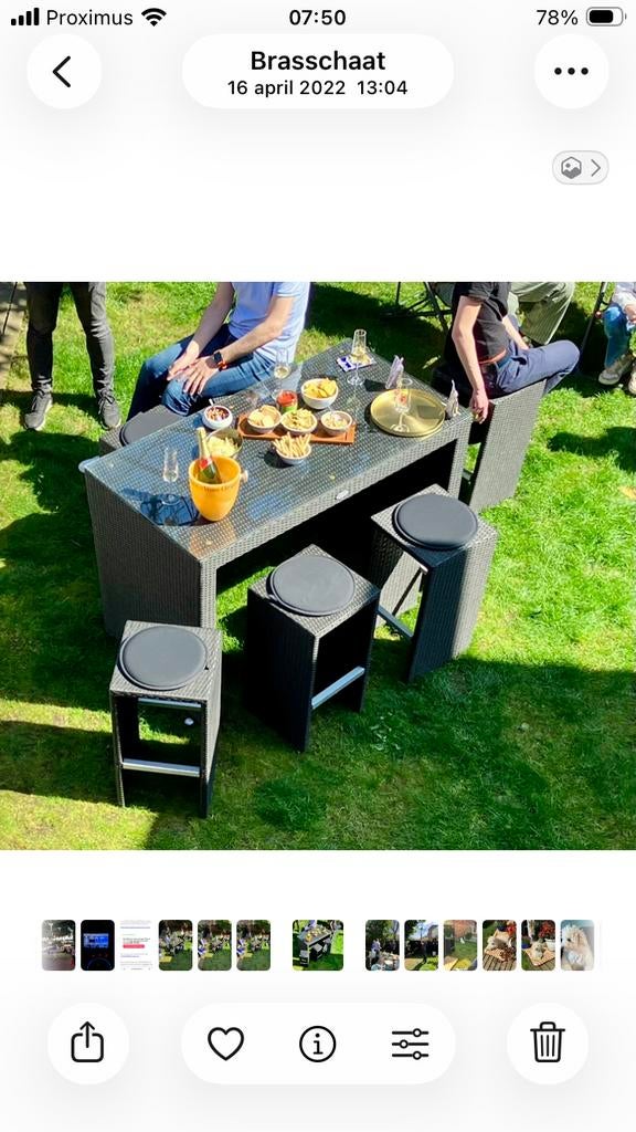 Hoge tuinset met 6 hoge krukken, Tuin en Terras, Ophalen, Kunststof, Eettafel, 6 zitplaatsen