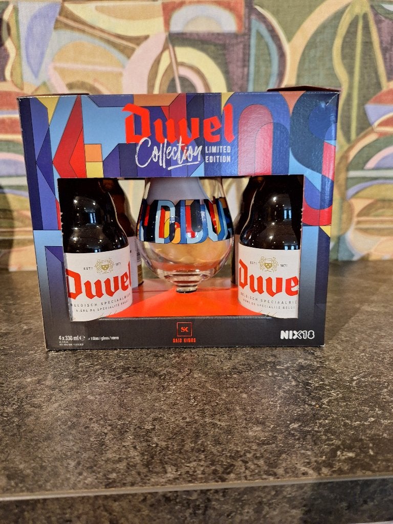 Duvel glas said kinos in box met 4 duvels, Verzamelen, Glas en Drinkglazen, Ophalen, Nieuw, Bierglas