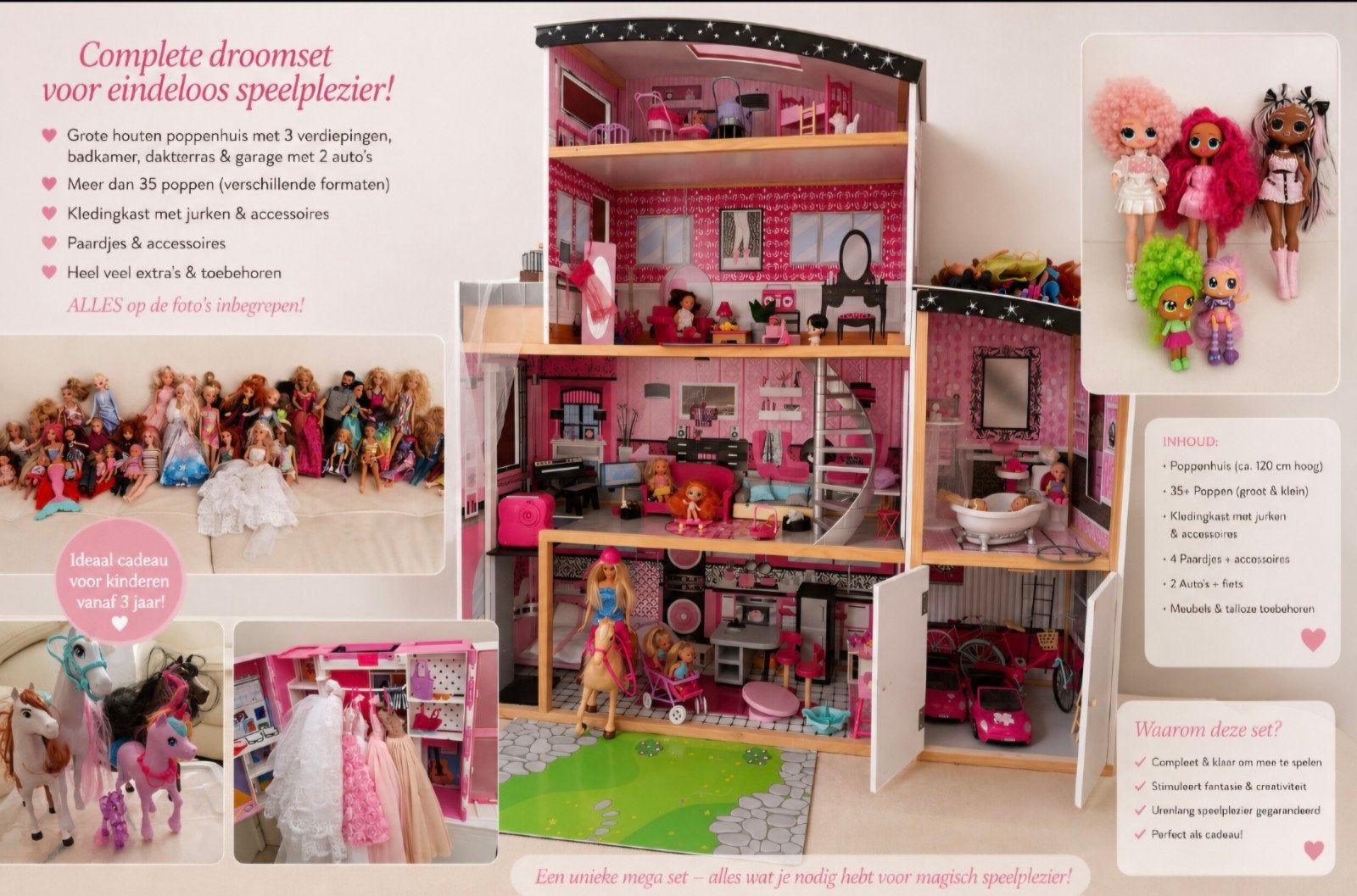 Poppen Speelset: Groot KidKraft Huis+Poppen+Bedden+Paarden, Ophalen, Zo goed als nieuw, Poppenhuis